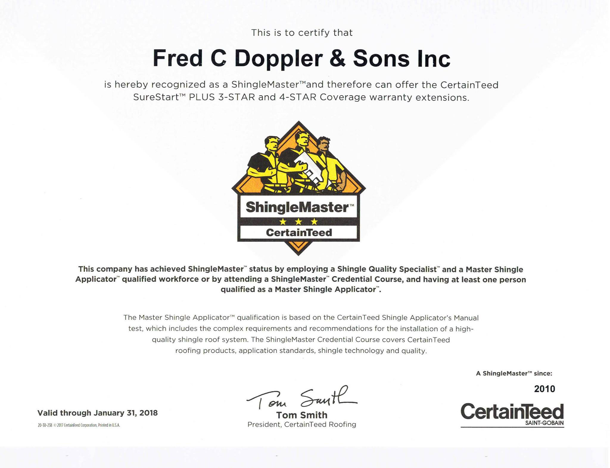 Fred C. Doppler & Sons, Inc. ShingleMaster&trade; Certificate